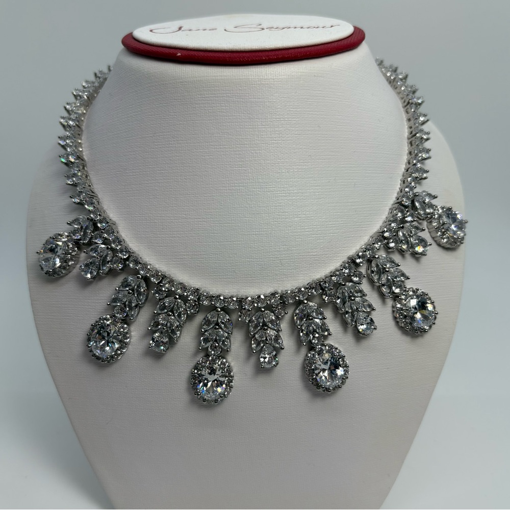 Elegant Silver Cubic Zirconia Bib Statement Necklace & Earrings Set, Brand New